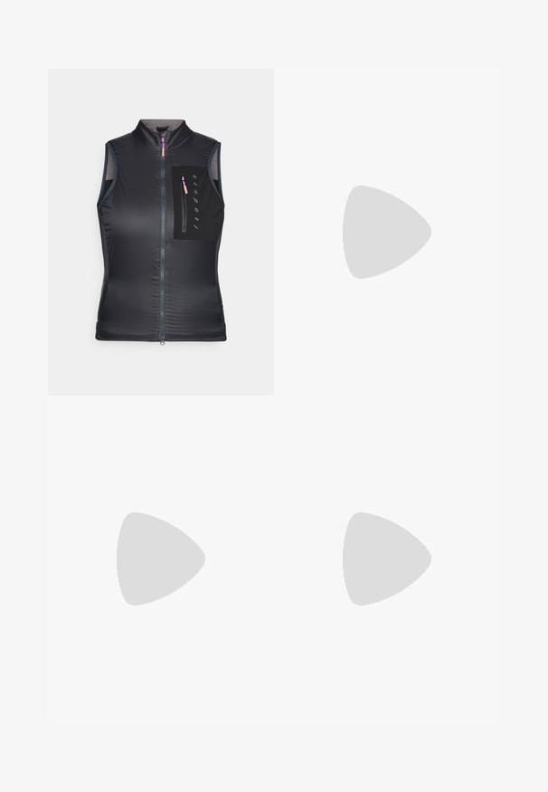 Schwarze ärmellose Weste mit hohem Kragen, Frontreißverschluss und einer Brusttasche mit Reißverschluss. Der Stoff hat eine glatte, leichte Textur.; Weißes Langarmjersey mit hohem Kragen, Frontreißverschluss und kontrastierendem roten Innenkragen; hat einen leicht abgerundeten Saum.; Dunkelgraue Shorts aus leichtem Material. Mit zwei Knöpfen am Bund, einer Reißverschlusstasche an der Seite und einer glatten Oberfläche.; Hellblaues Sport-Schuhwerk mit schwarzen Akzenten, Netzstruktur, verstellbarem Riemen, Gummisohle mit strukturiertem Profil und Zuglasche hinten.