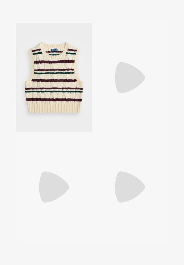 Vesta tricotată din fildeș, cu tiv cu nervuri și design fără mâneci. Prezintă dungi orizontale verzi și bordo, precum și un model texturat în formă de diamant.; sandro DRESS WITH STRIPE - Rochie tip cămașă - kaki/rose; Loafers din piele neagră cu un finisaj lucios, având două catarame aurii și un toc jos. Textură netedă cu un design cu vârf rotund.; Geantă din piele neagră cu o silueta curbată, curea scurtă, accesorii centrala de nuanță aurie și textură netedă. Fără modele sau accente vizibile.