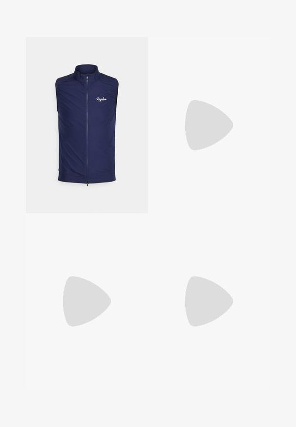 Námornícky cyklistický vest s vysokým golierom, bez rukávov, predným zipsom a bielym logom "Rapha". Hladká tkanina s jemným leskom a ľahkou textúrou.; Krátky rukáv cyklistického dresu vyrobený z textúrovaného svetlomodrého materiálu s predným zipsom, okrúhlym výstrihom a priliehavým strihom.; Tmavomodré športové šortky s hladkým pásom, nastaviteľnými šnúrkami a textúrovanou tkaninou.; Biele športové tenisky s textúrovaným sieťovaným zvrškom, čiernou gumovou podrážkou a akcentom teal loga Nike. Obsahujú šnúrky a vypolstrovaný golier.