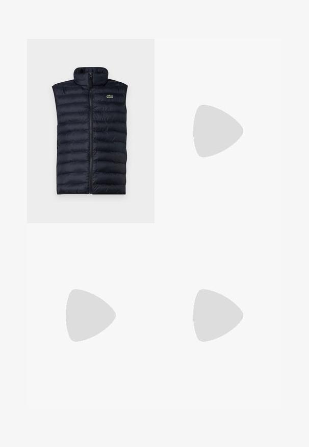 Navy puffer vest with high collar, front zipper, and horizontal quilted pattern. Features a small green logo on the upper left side.; Blue striped long-sleeve shirt features vertical white stripes, button-down collar, and a single chest pocket. Soft cotton material.; Light blue, stretchable fabric pants with an elastic waistband, drawstring, and a tapered design. Smooth texture and no visible hardware.; Lacoste sneakers in dark gray with mesh and synthetic material, featuring a textured sole and brown accents on the collar and branding.