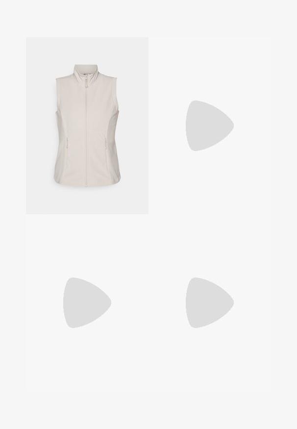 Beige sleeveless vest made of soft fleece, featuring a high collar, front zip closure, and two side pockets with zippers.; Long-sleeve cropped top in soft pink fabric; features a round neck, thumbholes in the cuffs, and a small logo on the hem.; Black leggings featuring a smooth texture, high waistband, and stitching details along the sides. Slim-fit design, suitable for various activities.; White athletic shoes with a textured upper, padded collar, and lace closure. Features a curved outsole and subtle branding on the side.