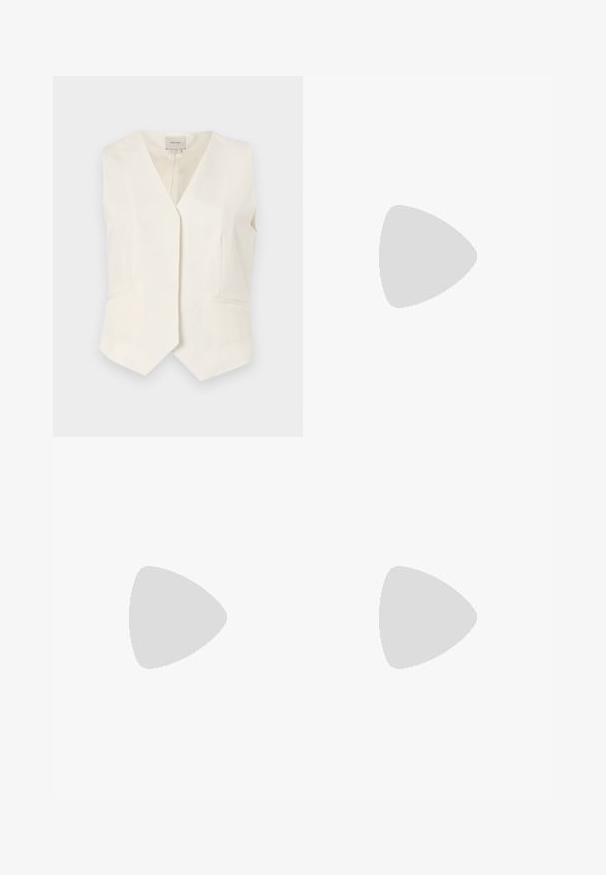Ivory sleeveless vest with a V-neck design, featuring two front pockets and a straight hem. Textured fabric with a smooth finish.; White short-sleeve t-shirt made of cotton. Features a round neckline and a smooth texture, with minimal stitching visible at the hem.; Light blue flared jeans made of denim, featuring a high waist, front pockets, and a raw hem at the cuffs for a casual look.; Light blue mesh sneakers with a beige rubber sole, white laces, and green logo detail. Features a round toe and textured side panels.