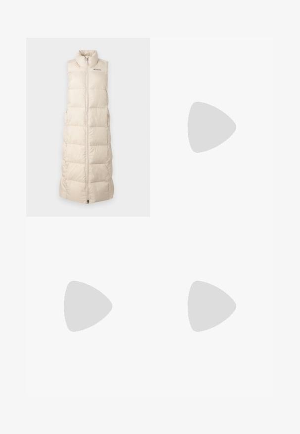 Beige, mouwloze puffer vest met een hoge kraag, ritssluiting, quilted textuur en subtiele logo detail op de borst. Lichtgewicht ontwerp.; Crème-kleurige katoenen t-shirt met een horizontaal blokpatroon van gestileerde bloemen in verschillende kleuren. Korte mouwen en ronde hals.; Wijdgesneden denim jeans van middelzware blauwe katoenstof. Bevat een klassieke vijf-pocket ontwerp en een ritssluiting met knoopsluiting.; Witte leren sneaker met beige suède accenten, geperforeerde neus, platte veters en een gestructureerde crèmekleurige zool. Heeft subtiele branding op de hak.