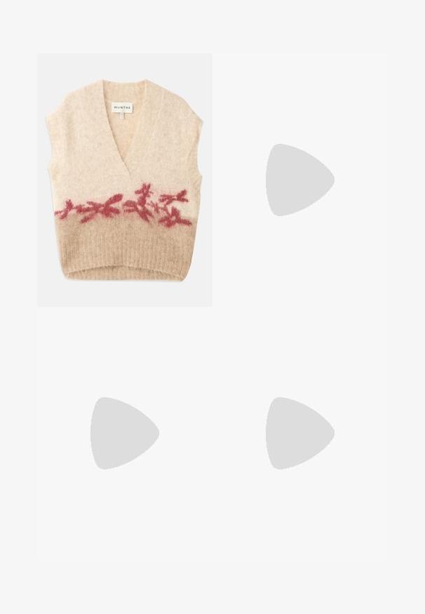 Beige sleeveless vest with a deep V-neck, featuring a soft texture and a floral pattern in burgundy across the lower section. Brand label visible.; Long-sleeve white ribbed shirt made of soft fabric, featuring a round neckline and a small dark embroidered logo on the chest.; Black wide-leg jeans made of denim, featuring a high waist, metal button closure, five pockets, and raw edge at the hems.; Black leather ankle boot with silver eyelet detailing, pointed toe, and a block heel. Sleek design with a smooth texture.