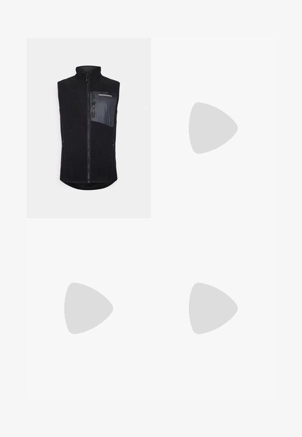 Black vest with a high collar, made of textured fleece. Features a zippered front and a side pocket in smooth fabric with logo detail.; Black T-shirt made of smooth fabric, featuring a crew neckline and short sleeves. Subtle branding printed in black on the chest.; Navy blue chinos made of smooth fabric, featuring a flat front, belt loops, and side pockets, with a tailored fit and tapered legs.; White leather sneaker with a smooth finish, round toe, flat laces, and a textured sole. Features a subtle logo on the heel.