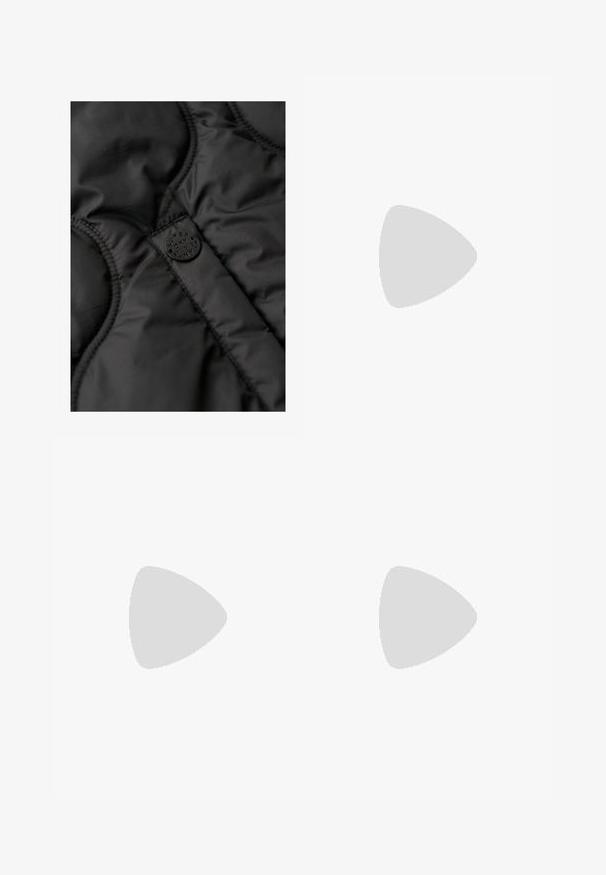 Black padded vest featuring a smooth texture, quilted design, and a circular black logo tag with embossed lettering.; Green tank top made of textured fabric, featuring a round neckline, racerback design, and subtle logo on the chest.; White long-sleeve button-up shirt with a spread collar, featuring a smooth cotton fabric and rounded hem. Fabric has slight sheen.; Light blue denim jeans with a slim fit, five-pocket design, button closure, and fading details on the legs. Classic stitching accents.; Beige leather sneaker with green accents, featuring a rounded toe, flat sole, and suede detailing on the toe cap and heel.; Round sunglasses with a tortoiseshell plastic frame, brown lenses, and metal accents on the front. Slim arms with a polished finish.