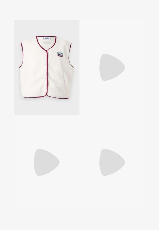 Cream fleece vest with maroon trim, V-neck design, snap closures, and an embroidered logo patch. Soft texture, sleeveless style.; Navy blue hoodie in soft cotton, features a front pouch pocket, ribbed cuffs, and embroidered logos on the chest. Casual, oversized fit.; Brown cotton shorts with a straight cut, featuring a front button closure, belt loops, and side pockets. Smooth texture and clean seams.; Athletic shoe featuring a light gray mesh upper with suede accents, white laces, and a black rubber sole. Notable ABZORB cushioning detail.