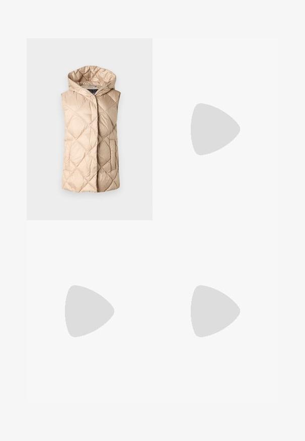 Beige quilted vest with a hood, featuring a shiny texture and diamond-shaped patterns. No sleeves and a front opening.; White cotton t-shirt with short sleeves, round neckline, relaxed fit, and stitched hem. Label visible on the inside neck.; Light blue denim wide-leg jeans with a high waist, featuring stitched detailing and a button closure. Smooth texture and slight fade.; White leather block-heel sandal featuring an ankle strap with a buckle and minimalist design. Open toe and smooth textures throughout.