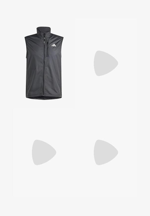 Čierny bezrukávový vest z ľahkého materiálu. Obsahuje predný zips, vysoký golier a malé logo na hornej ľavej strane. Hladká textúra.; Čierne bavlnené tričko s krátkymi rukávmi, klasickým výstrihom a bielym logom na ľavej strane hrude. Hladká textúra a jednoduchý dizajn.; Čierne športové nohavice s elastickým pásom, zúženým strihom, bočnými vreckami a nenápadným logom. Vyrobené z flexibilnej, priedušnej tkaniny.; Čierne športové topánky s textúrovaným pleteným zvrškom, tromi lesklými pruhmi, ľahkou penovou podrážkou a spevnenou pätou. Disponujú dizajnom na šnurovanie.