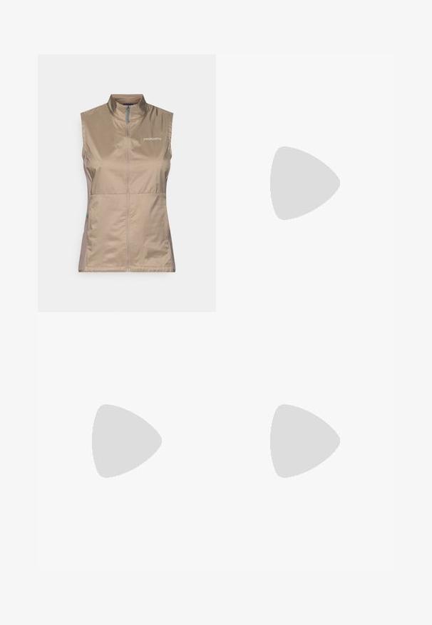 Tan sleeveless vest with a high collar, featuring a front zipper and blue accents. Made from lightweight, smooth fabric. Patagonia logo displayed.; Black long-sleeve top made of soft, stretchy fabric. Features a round neckline and subtle stitching details along the sides and sleeves.; Lightweight, navy blue pants with a durable texture, featuring a belt, side zipper pocket, and reinforced lower sections.; Salomon Sportstyle SPEEDCROSS 3 EXPANSE UNISEX - Trainers - vanilla ice/almond milk/cement