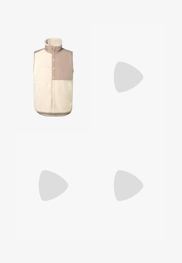 Gilet sans manches beige avec un devant en polaire crème doux et texturé, et un dos en tissu lisse ; il est doté d'un col haut et de boutons pression.; Maillot de cyclisme à manches courtes en vert olive, avec un zip à l'avant, un tissu texturé et un logo sur la poitrine. Design ajusté.; Shorts gris foncé en tissu léger. Dotés de deux boutons à la taille, d'une poche zippée sur le côté et d'une texture douce.; Vaude AM MOAB GRAVITY - Chaussures de cyclisme - coconut