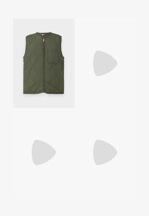 Quilted green vest with a high neckline and front zipper. Features a single chest pocket and a smooth texture.; White short-sleeve t-shirt made of cotton. Features a classic crew neck and relaxed fit with a smooth texture. No patterns or accents.; Denim shorts in dark blue, featuring a five-pocket design, straight cut, and visible stitching accents. Smooth texture and mid-rise waist.; White running shoe with silver accents, green mesh collar, and green stripes. Features textured mesh upper and cushioned sole.