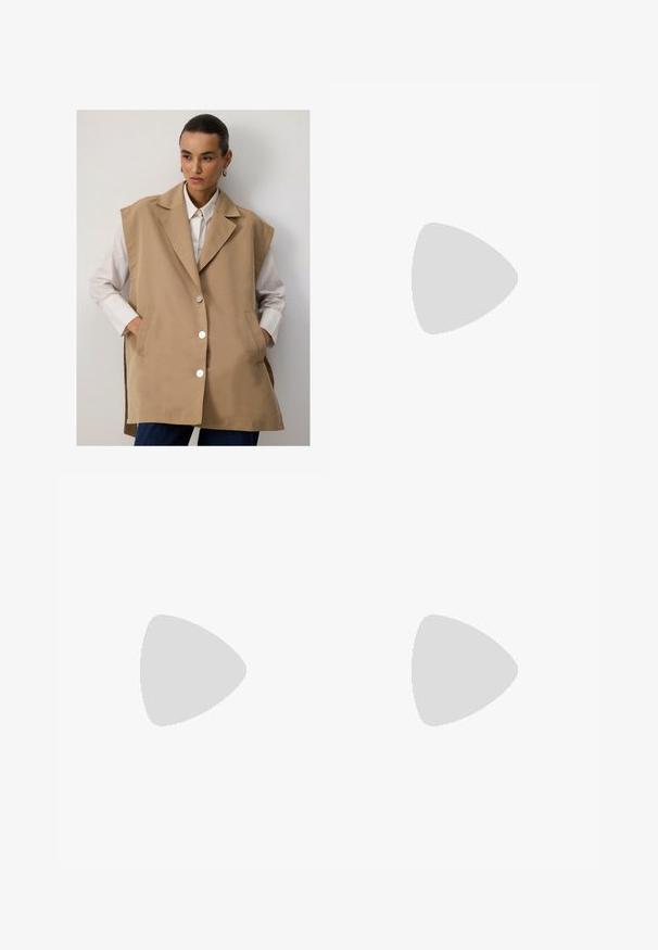 Beige sleeveless vest with a tailored design, large lapels, silver buttons, and side pockets, layered over a white shirt.; Knit sweater featuring an ivory base with geometric patterns in brown and blue. Round neck, ribbed cuffs, and hem, made from soft material.; Beige wide-leg pants made from textured fabric, featuring a tie waist, high waist design, and a loose fit with straight legs.; Brown leather slingback heels with a square toe, cut-out sides, and a block heel. Features a buckle on the ankle strap.