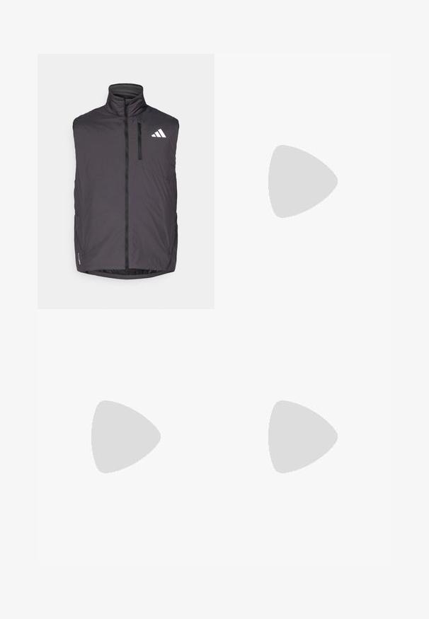 Colete cinza sem mangas com gola alta, fecho de zíper frontal e bolso no lado esquerdo do peito. Apresenta um logótipo branco e um tecido leve.; New Balance LONDON MARATHON ATHLETICS  - T-shirt desportiva - multi-coloured; Calções atléticos azul-marinho com cintura elástica, bolsos laterais e detalhes em cinza claro. Feitos de um tecido leve e suave para maior conforto.; Sapatilhas desportivas pretas com um design leve, apresentando três faixas cinzas proeminentes, uma textura suave e uma sola contornada.