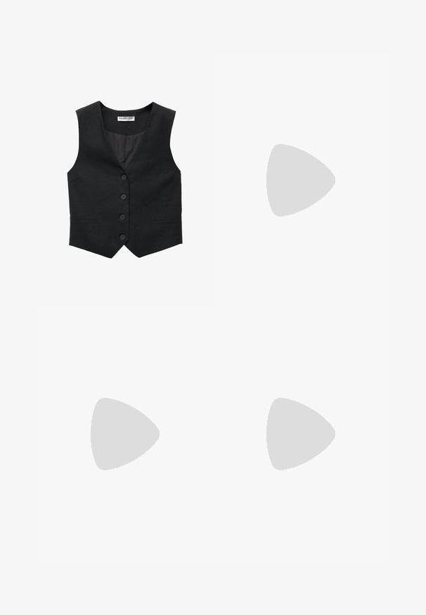 Zwarte linnen vest met een V-hals, sluiting met vijf knopen en twee zijvakken. De binnenkant is gevoerd met een gladde stof.; Verpakking van twee V-hals t-shirts in zwart en wit. Korte mouwen, gemaakt van zacht katoen, met gestikte afwerking en een relaxte pasvorm.; Zwarte wijde broek van lichtgewicht stof, met een knoopsluiting aan de voorkant en een vlakke achterkant, afgewerkt met keurig gestikte zoom.; Sportschoenen met een witte leren bovenkant, grijze suède neus en drie zwarte strepen. Bevat een blauw logo op de tong en een gestructureerde rubberen zool.