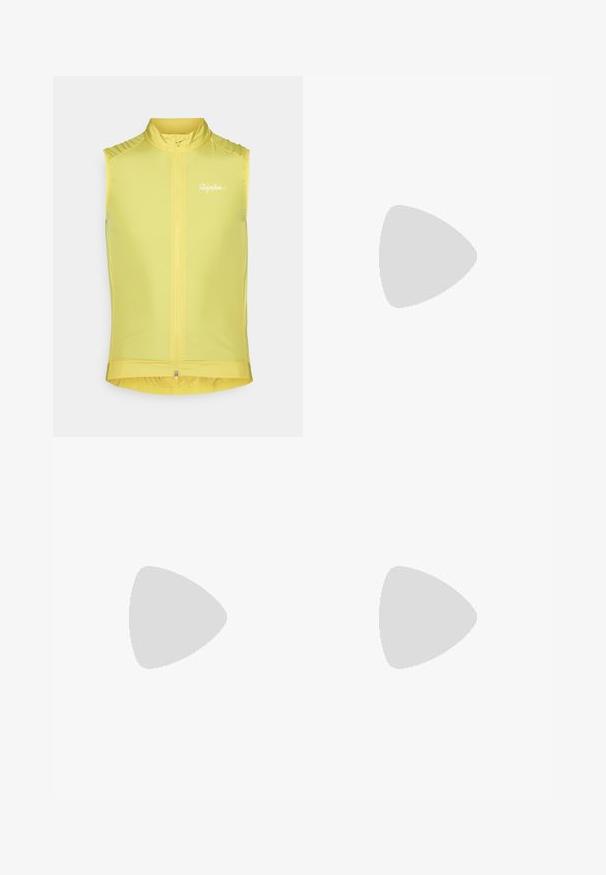Mouwloos fietsvest in felgeel, met een ritssluiting aan de voorkant, hoge kraag en subtiel logo. Glad, lichtgewicht materiaal met een aansluitend ontwerp.; Blauw kortarm fietsshirt met een rits aan de voorkant, gemaakt van gladde, rekbare stof. Heeft een witte accentband op de mouw en het "Rapha" logo.; Rapha MENS CORE  - Tights - anthracite; Witte en zilveren fietsschoenen met een bovenwerk van mesh, getextureerde accenten, verstelbare banden en een rubberen buitenzool voor grip en stabiliteit.