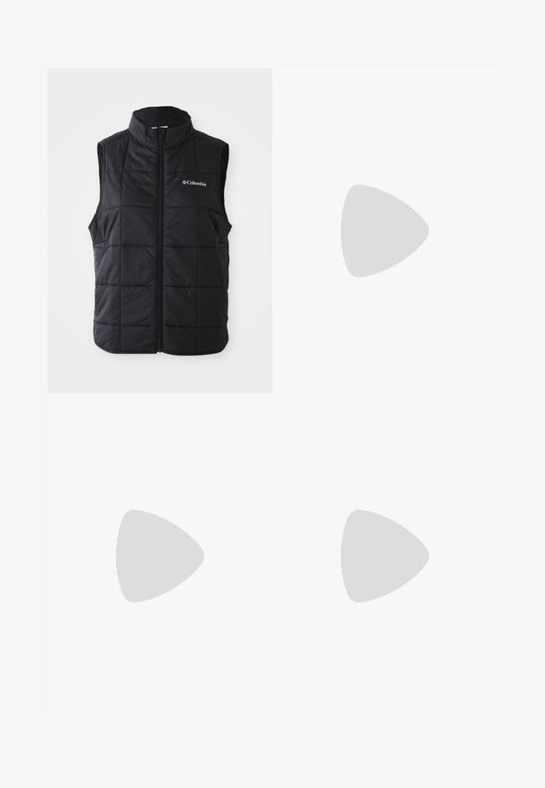 Mustmust must vest, mille kõrge kraega, horisontaalselt tikitud muster, ees tõmblukuga ja Columbia logo vasakul rinnal. Kerge materjal.; Lilla pikavarrukatega särk, millel on metsateemaline graafika ja valge tekst "COLUMBIA SPORTSWEAR". Valmistatud pehmest kangast, mis on mugava lõikega.; Sinised teksased, mis on lõdva lõikega, kõrge vöökohaga, viie tasku disainiga ja õmblusaktsentidega. Omab nupuga ja tõmblukuga sulgemist.; Mustarjaline matkasaabas, millel on keskmine disain, tekstuuriga ülemine osa, hallid aktsendid ja vastupidav kummist põhi, millel on haardelugesid.