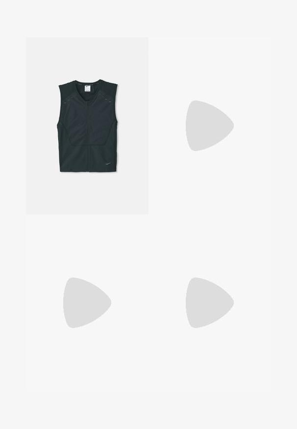 Black sleeveless athletic vest with a front zipper, textured shoulders, and reflective accents, made from lightweight, breathable fabric.; Long-sleeve plaid shirt featuring red and brown check patterns, large face silhouette applique, and front button closure.; White athletic shorts made of lightweight fabric with an elastic waistband, featuring two side pockets and a small black logo on the hem.; Men's hiking shoe featuring a mesh and synthetic upper in cream with black and yellow accents. Chunky rubber outsole for traction.