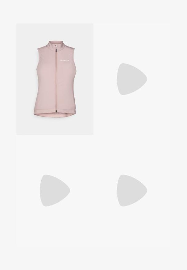Rosa ermeløs sykkelvest med høy krage, glidelås foran og hvit logo på venstre bryst. Laget av lett, elastisk stoff.; Lys gul sykkeltopp med korte ermer, slim fit, hel lengde glidelås, subtil teksturert stoff og rund krage. Merkenavn foran.; Svarte sykkelshorts med en tettsittende design, laget av glatt elastisk stoff, med en stram midje og forsterket setepolstring.; Hvite joggesko med et teksturert mesh-overdel, sølvfargede detaljer og en lett såle med små grep-studser, merket "ULTRA FLIGHT."