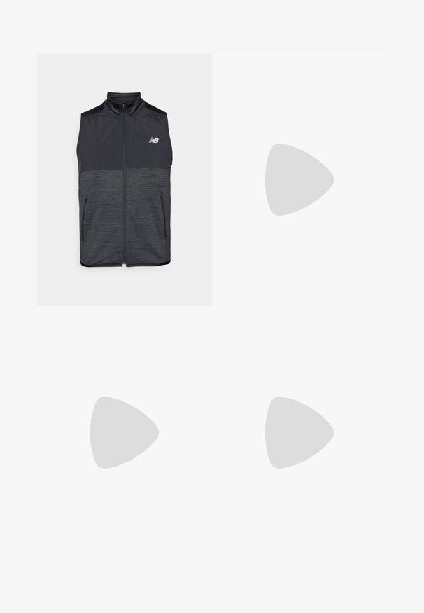 Chaleco sin mangas para hombre en gris oscuro con una textura jaspeada, con cierre de cremallera en el frente, cuello alto y dos bolsillos laterales. Logo de New Balance en el pecho.; Camiseta negra de manga corta con tejido texturizado y "LDN" impreso en blanco en el pecho. Cuello redondo, diseño minimalista.; Pantalones cortos deportivos negros fabricados en un tejido ligero, con una cinturilla elástica y aberturas laterales para mayor movilidad. Branding mínimo en el lado.; Zapatilla deportiva negra con parte superior texturizada, que presenta un diseño elegante, cierre de cordones y una suela con mayor grosor y dibujo para mejorar la tracción.
