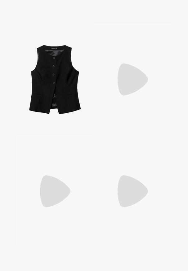 Svart ärmlös väst med fem knappar fram, sidofickor och en slät innerfoder. Skräddarsydd passform med en subtil lyster.; Svart kortärmad topp gjord av stretchigt tyg, med en figursydd design och veckad detaljering på sidorna. Slät textur, klassisk form.; Svarta yogabyxor med hög midja, tillverkade av stretchigt tyg, med en utformat ben med utsvängd design och en mjuk yta genom hela byxorna.; Vita atletiska sneakers med en slät läderöverdel, som har en texturerad gummisula, metallögon och en kontrasterande logotyp på sidan.