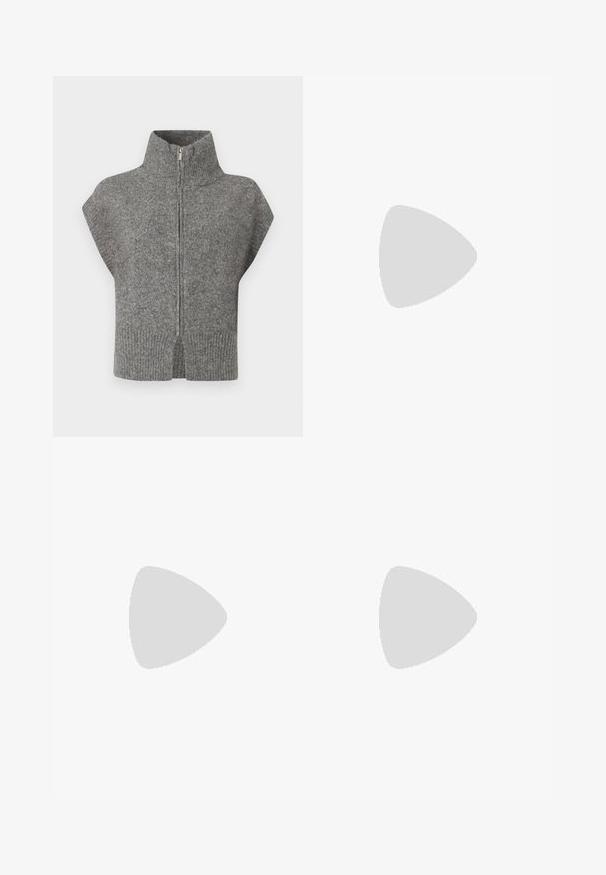 Grauer Strickpullover mit hohem Kragen, Frontreißverschluss und Kap sleeves. Der gerippte Saum und die seitlichen Schlitze verstärken das strukturierte Design.; Häkelpullover mit langen Ärmeln und rundem Ausschnitt; zeigt abwechselnde Streifen in Creme, Rot, Marineblau und Hellrosa; strukturmuster.; Weißes Hemd mit Knöpfen, aus glattem Baumwollstoff, mit klassischem Kragen, langen Ärmeln und abgerundetem Saum. Die Knöpfe sind klein und weiß.; Brauner Baumwoll-A-Linien-Rock mit hoher Taille, der vorne Falten aufweist und eine glatte Textur hat. Der Saum ist sauber und einfach verarbeitet.; Burgunderfarbenes, lackiertes Ballettschuh mit abgerundetem Zehenbereich, kleiner Schleifenakzent vorne und einer niedrigen, schwarzen Gummisohle. Glatte Textur.