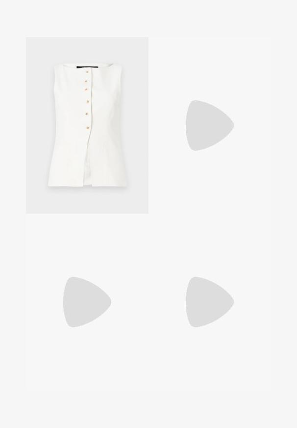 White sleeveless blouse featuring a round neckline, seven beige buttons down the front, and two side pockets for added detail.; Dark green blouse with a high collar and full sleeves. Features a lace panel down the front, complemented by buttons and soft texture.; Wide-leg trousers in a light beige color, made of a smooth fabric. Features a classic waistband and flat front with clean lines.; Black leather ankle boot with chunky lug sole and front zipper, shown in side profile on a plain light background.