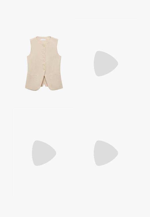 Gilet sans manches beige avec une coupe droite, devant à cinq boutons et deux poches latérales. Tissu lisse avec une texture minimale.; Chemise blanche à manches longues en coton avec col classique, fermeture à boutons, poche poitrine unique et ourlet arrondi.; Pantalons bruns ajustés en tissu texturé, présentant une jambe droite, des plis avant et une taille standard.; Baskets de sport beiges avec des rayures noires, semelle en caoutchouc gomme et accents noirs. Elles présentent un dessus en cuir lisse et un design de bout arrondi.