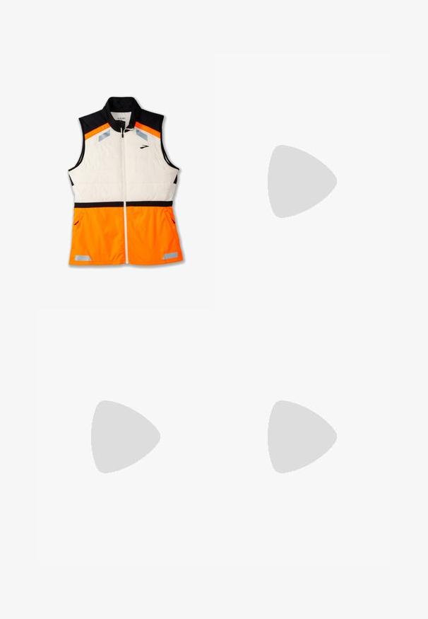 Lättviktsväst med en vit vadderad kropp, svart axelparti och livfullt orange nederdel. Reflekterande detaljer och fickor med dragkedja ingår.; Svart, långärmad cropped top med hög krage. Tillverkad av slät, åtsittande material utan synliga mönster eller detaljer.; Ljusgröna leggings gjorda av ett stretchigt tyg, med en slät yta, hög midja och en nära passform. Inga synliga mönster eller detaljer.; On CLOUDRUNNER 2 - Väglöparskor - undyed   sand