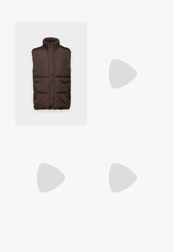 Brown, sleeveless padded vest with high neck, featuring a smooth exterior, quilted design, and two side pockets.; White short-sleeve t-shirt made of cotton, featuring a crew neckline and a smooth texture, with a straight cut and no patterns.; Cargo pants in olive green, made of durable fabric. Features two side pockets, a standard waist, and a straight-leg design.; White leather sneakers with perforations, round toe, flat sole, and thick laces, featuring a visible swoosh logo and "AIR" on the heel.; Black crossbody bag with a zippered main compartment, front pocket, adjustable strap, and a visible logo patch on the flap.