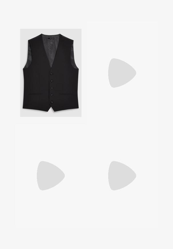 Gilet nero con una texture liscia, dotato di scollatura a V, sei bottoni e due tasche frontali. Rivestimento in satin e vestibilità sartoriale.; Polo nero con dettagli bianchi su colletto e maniche. Presenta una chiusura con due bottoni e un logo ricamato sul petto. Tessuto texturizzato.; Pantaloni cropped bianchi in lino con vita elasticizzata, coulisse e due tasche laterali. Texture morbida e design leggero per il massimo comfort.; Sneaker Adidas con tomaia in pelle beige, strisce verdi e suola in gomma. Presenta una collare imbottito e punte perforate per la traspirabilità.