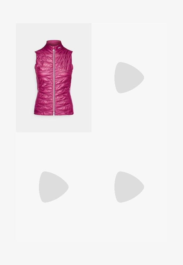 Violette ärmellose Weste mit hohem Kragen, gestepptem Muster, Frontreißverschluss und Seitentaschen; leicht und für Wärme konzipiert.; Bordeauxfarbener Zip-Jacke mit weißem horizontalen Streifen und drei weißen Seitestreifen. Besitzt einen hohen Kragen und zwei seitliche Reißverschlusstaschen.; Weißes, enganliegendes T-Shirt aus Baumwolle mit rundem Ausschnitt und kurzen Ärmeln, versehen mit einem hellblauen, gestickten Logo auf der Vorderseite.; Burgunderfarbene Sporthosen mit einem Kordelzugbund, weißen Seitenstreifen und einer schmalen Passform. Hergestellt aus einem glatten, leichten Stoff.; Sportschuhe mit einem Obermaterial aus weißem Leder, grauer Wildleder-Zehenkappe und drei schwarzen Streifen. Sie verfügen über ein blaues Logo auf der Zunge und eine strukturierte Gummisohle.