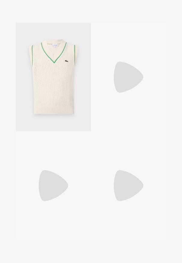 Αμάνικο πλεκτό μπλουζάκι σε κρέμα με πράσινες λεπτομέρειες στον γιακά και τις μασχάλες. Διαθέτει αεριζόμενη υφή και λεπτομέρεια λογότυπου.; Μαύρο μπλουζάκι με μακριά μανίκια από βαμβάκι, με στρογγυλή λαιμόκοψη και μικρό πράσινο κεντητό λογότυπο κροκοδείλου στην αριστερή πλευρά του στήθους.; Ανοιχτό γαλάζιο τζιν παντελόνι με χαλαρή εφαρμογή, ίσια πόδια, σχέδιο με πέντε τσέπες και κούμπωμα με κουμπί στη μέση. Ελάχιστη λεπτομέρεια ραφής.; Αθλητικά παπούτσια Lacoste σε σκούρο γκρι χρώμα, κατασκευασμένα από διχτυωτό και συνθετικό υλικό, με ελαστική σόλα και καφέ λεπτομέρειες στον γιακά και στο branding.
