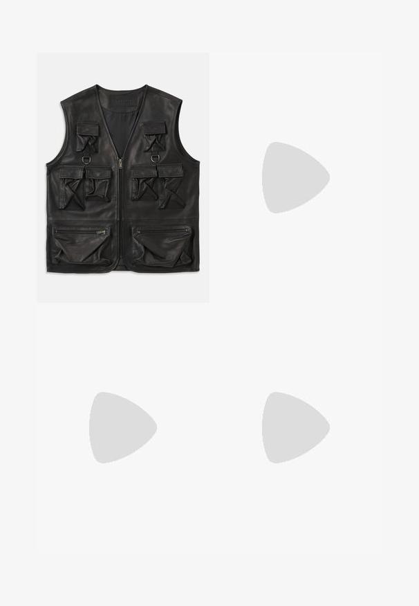 Black leather vest with multiple flap and zippered pockets, front zipper closure, and D-ring details on upper chest.; White long-sleeve thermal top with a ribbed texture, crew neck, and banded cuffs. Clean design with no patterns or additional accents.; Black leather pants featuring a slim fit, straight legs, and a front zip closure with two front pockets and a smooth, glossy finish.; Black leather loafers with a smooth texture, rounded toe, and a decorative strap across the vamp. Low stacked heel, minimalist design.