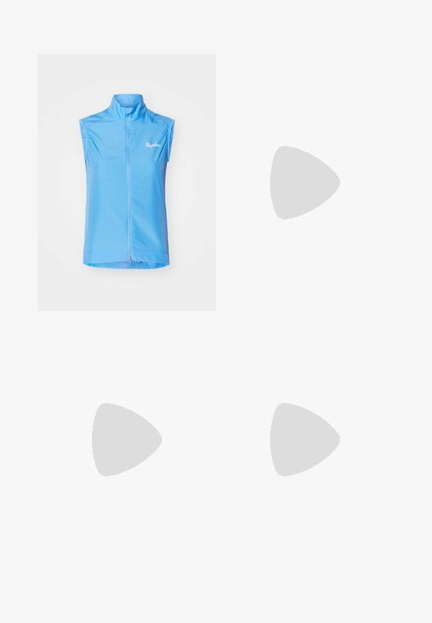 Gilet de cyclisme sans manches bleu clair avec un col haut, fermeture éclair à l'avant et logo discret sur le côté gauche. Tissu lisse et léger.; T-shirt de sport noir en tissu lisse, avec un design avant noué et un petit logo Nike blanc sur la poitrine.; Leggings noirs coupés en tissu extensible, avec une taille haute et une texture lisse, sans motifs ni éléments visibles.; Baskets de course noir Nike avec tige respirante en mesh, logo swoosh blanc, détails texturés et semelle intermédiaire ZoomX de couleur crème.
