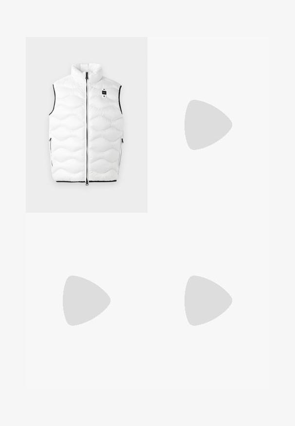 White puffer vest with a high collar, quilted design, black accents, front zipper, and side pockets. Features a small logo tag on the chest.; White T-shirt with short sleeves. Features a black logo on the left chest. Made of cotton with a standard fit and crew neck design.; Navy blue athletic pants made of soft fabric, featuring a drawstring waistband and light blue side panels with a subtle pattern.; Blue canvas sneakers with white laces and rubber soles, displayed with denim trousers and grey ribbed socks, on a light grey surface.