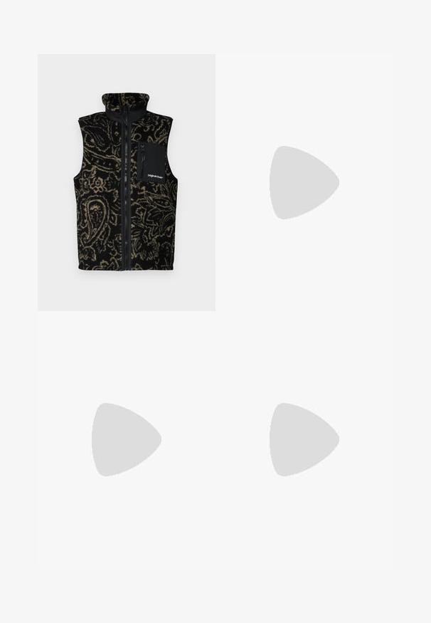 Black and beige patterned fleece vest with a high collar, front zipper, and side pockets. Features a chest pocket with a black zipper.; Dark green cotton t-shirt with a round neckline, short sleeves, and a gold printed logo featuring three leaves and the word "BASKETBALL."; Black denim wide-leg pants with a high waist, featuring five pockets and a button closure. Fabric has a smooth texture and slight stretch.; White leather sneakers with grey suede toe cap, three horizontal white stripes, blue accent, and brown rubber outsole. Textured detail on the sole.; Black oval sunglasses with dark lenses, thick frames, and silver dot accents on the sides. Smooth plastic material, contemporary design.