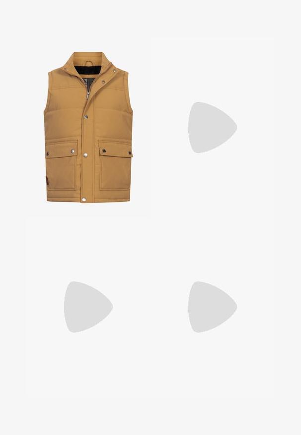 Tan sleeveless vest made of padded fabric. Features snap buttons, two front pockets, and a soft black fleece lining on the collar.; Beige knit sweater with a half-zip collar, ribbed cuffs and hem. Features textured pattern on the collar and a small logo patch.; Light blue denim jeans with a straight leg cut, visible stitching, five pocket design, and a button closure at the waist.; Tan suede ankle boot with a rounded toe, subtle stitching details, and a textured rubber sole. Short height without laces.