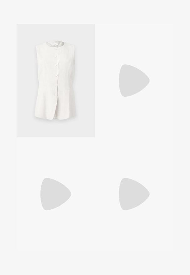 Sleeveless, light linen vest in off-white with a round neckline, five button front closure, and two side pockets. Tailored fit with a flared hem.; White short-sleeve blouse with a collar, featuring a twisted knot detail at the front and a button-down placket. Smooth ribbed texture.; Wide-leg dark blue denim jeans with a high waist, featuring a drawstring tie, five pockets, and contrasting stitching details.; Silver metallic sneaker with white accents and laces. Features a textured surface, rounded toe, and a rubber sole with a pattern for grip.; Brown oval sunglasses with dark lenses. Frame has a transparent brown material and features a logo printed on the temples.