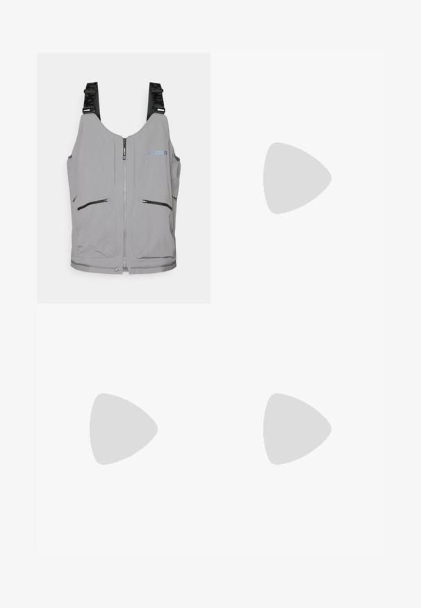 Gray vest with zipper closure and adjustable straps. Features two front zip pockets and subtle logo accents. Smooth texture, lightweight design.; Black short-sleeve T-shirt made from lightweight fabric. Features a small white logo on the left chest and subtle shoulder accents.; Black outdoor pants featuring a zippered thigh pocket, elastic waistband, and smooth, water-resistant fabric. Clean design with no visible logos.; Black trail running shoe with a textured upper, elastic laces, and Contagrip outsole. Features a snug fit and protective toe cap.