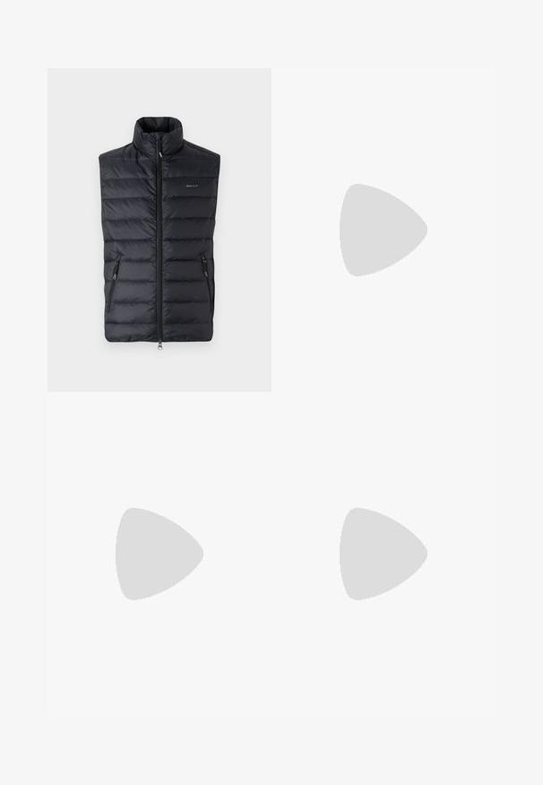 Padded black sleeveless vest with high collar, front zipper, and two side pockets. Features a subtle brand logo on the chest.; Black cotton t-shirt with short sleeves and a round neck. Features a rectangular logo patch in white and gold at the upper left chest.; Black jogger pants made of smooth fabric. Feature an elastic waistband with a drawstring, tapered legs, and no visible pockets. Simple design.; Black low-top leather sneaker with black laces and off-white sole shown in side profile on white background.