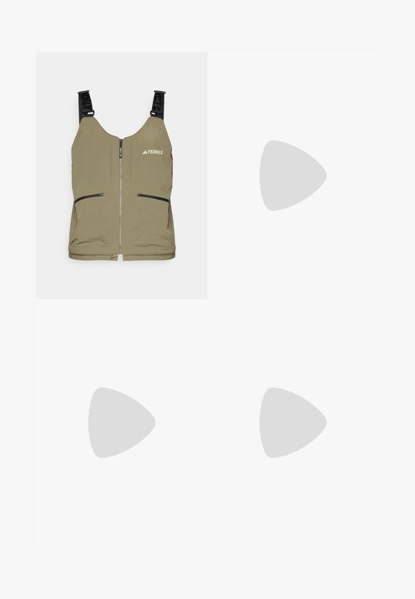 Olive green vest with zip closure, two side zip pockets, and adjustable black straps. Features "TERREX" logo on the upper left.; Short-sleeve, brown t-shirt made from soft fabric, featuring a round neckline and side slits for added comfort. Simple, unadorned design.; Brown lightweight pants with gray side panels, elastic waistband, and multiple side pockets. Textured fabric with subtle sheen.; Lightweight sneakers with a mesh upper in beige and white, featuring a textured sole, elastic lacing system, and prominent heel support.