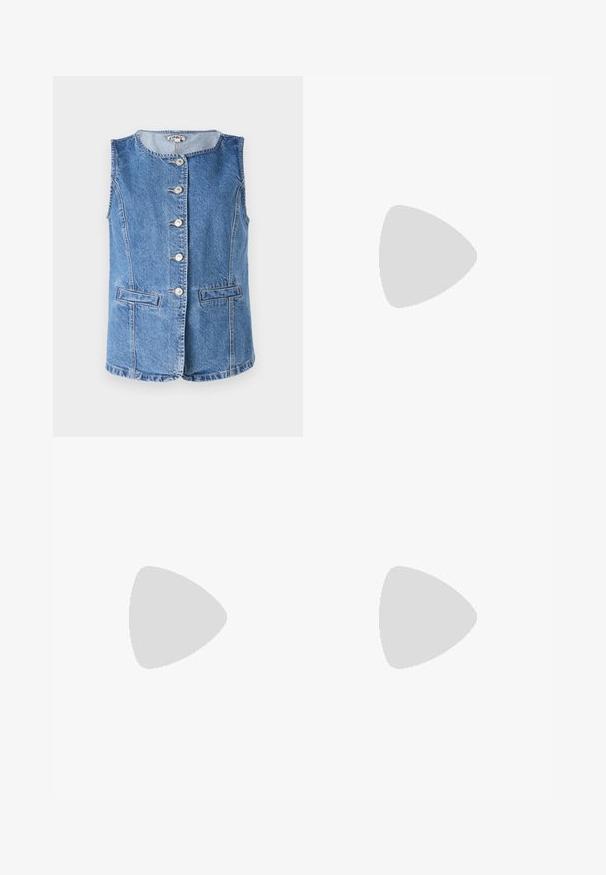 Heleda teksast vesti helesinis värvitoonis ümmarguse kaelusega, kuue esinäpiga ja kahe küljetaskuga. Omab õmblustega kaunistusi ja struktureeritud istuvust.; Valge puuvillane T-särk lühikeste puffkäistega, millel on väikesed hõbedased kaunistused käiste servades. Klassikaline ümmargune kaelus, vaba ja mugav lõige.; Bežid laiad teksad, mis on valmistatud puuvillast. Omab nööbilukku, vöökohakujusid ja eesmine taskuid, millel on sile ja pehme tekstuur.; Valged platvormsneakerid, mis on valmistatud siledast sünteetilisest materjalist, ovaalse toe, paelkinnise disaini ja tekstuurse kummitaldiga. Must kontsrihm.