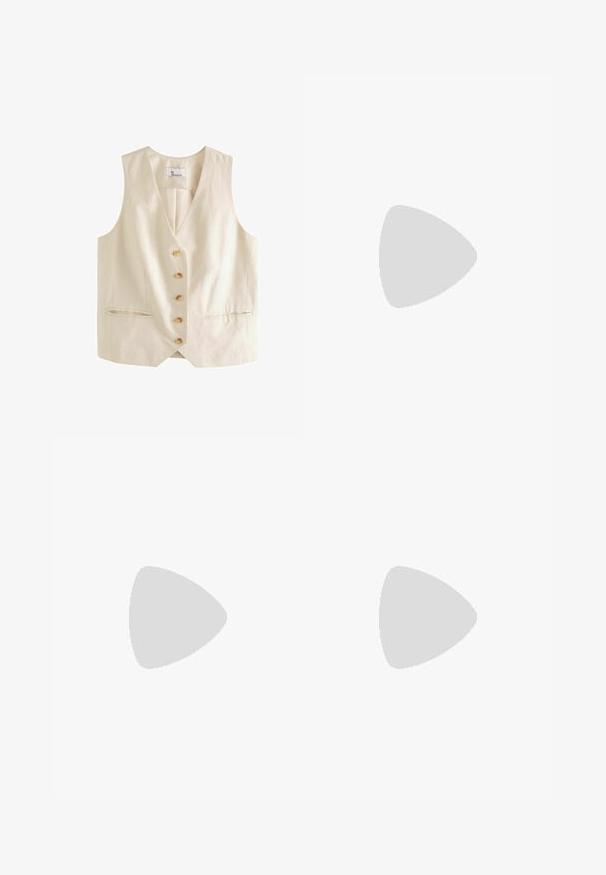 Next - Kamizelka; Biała, prążkowana crop top z wysokim dekoltem i bezrękawowym fasonem. Wykonana z miękkiego, elastycznego materiału dla zapewnienia komfortowego dopasowania.; Spodnie z szerokimi nogawkami w kremowej tkaninie o gładkiej fakturze, z pojedynczym guzikiem z przodu, subtelnymi plisami i wysokim stanem.; Białe sportowe buty z siateczkową cholewką, granatowymi akcentami i wyściełaną podeszwą. Posiadają logo "N", sznurówki oraz teksturowany detal po boku.