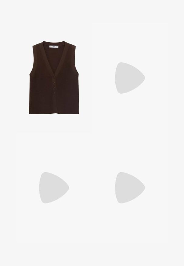 Pull over in maglia marrone con scollo a V, caratterizzato da una chiusura frontale con bottoni e una texture a coste. Senza maniche, design minimalista.; Due top in maglia senza maniche, a collo alto, in nero e bianco, con un design aderente e una superficie liscia, di lunghezza cropped.; Pantaloni neri a gamba larga realizzati in tessuto leggero, caratterizzati da una chiusura frontale con bottone e frontale piatto, con orli cuciti con precisione.; Scarpe sportive con tomaia in pelle bianca, punta in suede grigia e tre strisce nere. Presentano un logo blu sulla linguetta e una suola in gomma testurizzata.