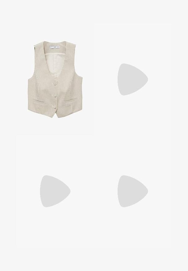 Beige striped vest with a V-neck, two front pockets, and three button closures. Made of lightweight fabric, featuring vertical lines.; White fitted top made of ribbed fabric with cap sleeves and gathered details at the sides for texture and shape.; White wide-leg trousers made from a lightweight fabric. Features an elastic waistband with a drawstring and side pockets. Smooth texture.; Light pink suede sneakers with white stripes and laces, featuring a textured tongue and a gum sole, placed on a blue carpet.