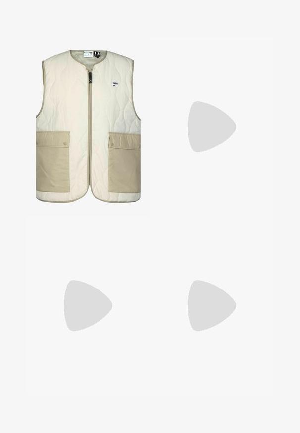 Padded sleeveless vest in cream and beige, featuring a zip front, two large front pockets, quilted texture, and subtle branding.; Long-sleeve black shirt made from soft fabric, featuring a round neck and a simple, seamless design. No visible patterns or accents.; Black trousers made from a smooth fabric, featuring a straight leg design, belt loops, and two side pockets. Classic look without embellishments.; Black leather loafer with a rounded toe, a decorative strap and hardware, and a chunky textured sole. Smooth finish with subtle detailing.; Silver chain necklace featuring thick links and a central circular pendant with intricate detailing. Smooth, reflective metal surface.