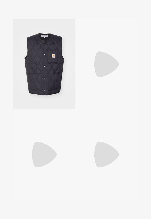 Black quilted vest with a round neckline, snap buttons, and a left chest pocket. Features a small logo patch on the pocket.; Nike black cotton t-shirt with a classic crew neck, short sleeves, and a subtle, embossed logo on the chest. Smooth texture.; White cotton cargo pants with a relaxed fit. Features include front pockets, gold hardware accents, and reinforced knee sections.; White leather sneakers with green Nike logo, round toe, flat sole, paired with light blue denim pants, shown on a blue carpet.