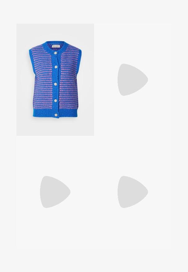 Lollys Laundry VEST - Waistcoat - blue; White short-sleeve T-shirt made of soft cotton. Features a round neckline and relaxed fit. Clean design with no visible patterns or accents.; White wide-leg pants made of soft fabric, featuring a drawstring waist and smooth texture. No patterns or embellishments visible.; Pale pink slingback flats with a pointed toe, made from a smooth leather-like material. Features cut-out details at the sides and a flat heel.