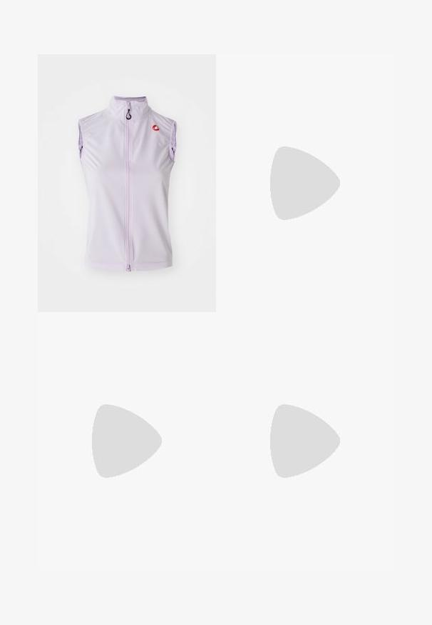 Lila bezrukávová cyklistická vesta s vysokým golierom a predným zipsom. Obsahuje malé červené logo na hrudi a hladký, elastický materiál.; Čierny bezrukávový bežecký top vyrobený z ľahkého materiálu s okrúhlym výstrihom; obsahuje diskrétne logo a bočné rozparky pre lepšiu priedušnosť.; Čierne športové šortky s elastickým pásom, ktoré majú vrstvený dizajn a malú bielu aplikáciu loga Nike v dolnom ľavom rohu. Ľahký materiál.; Čierne bežecké topánky Nike s priedušnou sieťovinou, bielym logom s symbolom swoosh, textúrovanými detailmi a krémovou ZoomX medzipodrážkou.